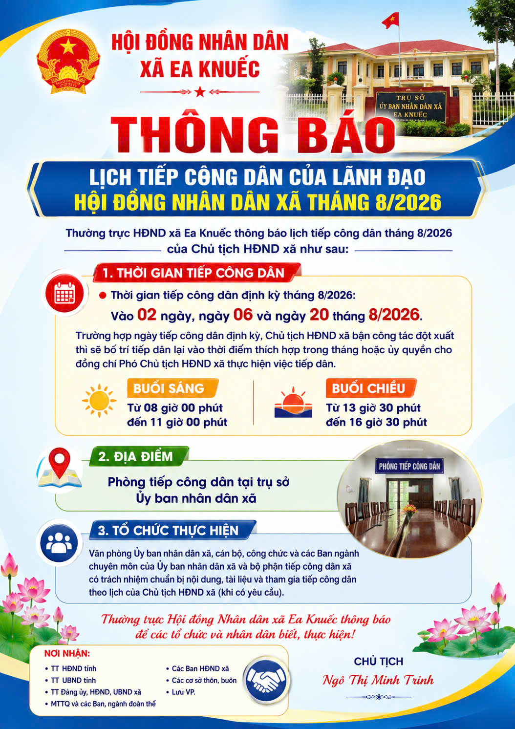 Thông báo lịch tiếp công dân của Lãnh đạo HĐND xã tháng 8/2026