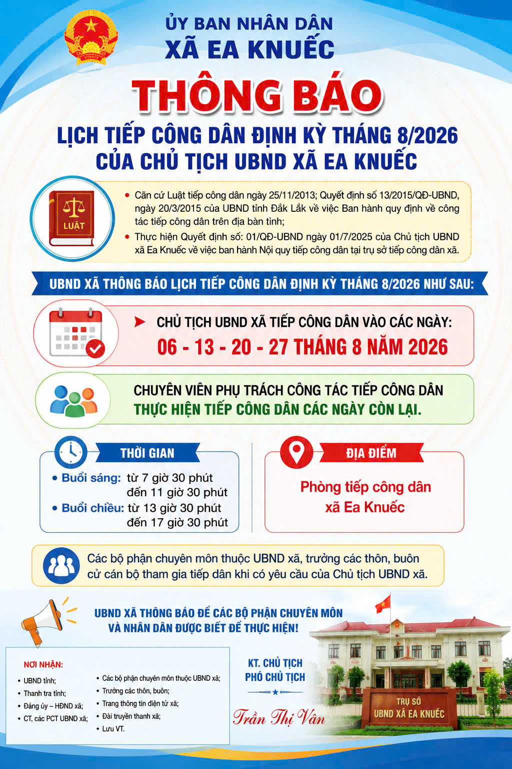 Thông báo lịch tiếp công dân của Chủ tịch UBND xã tháng 8/2026