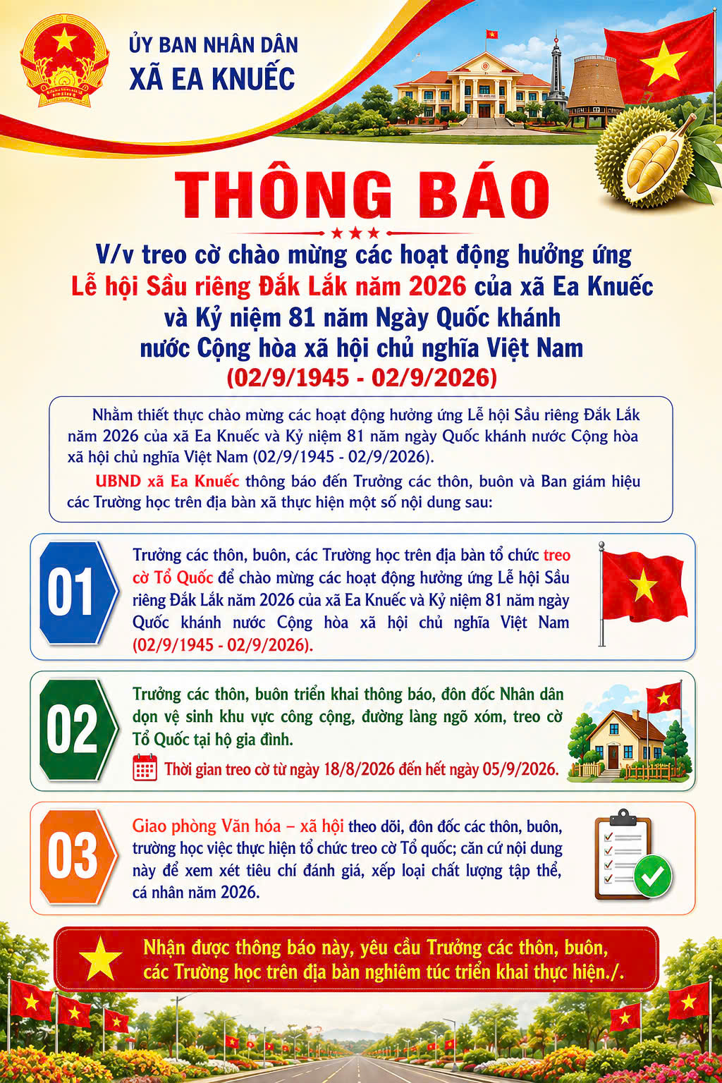 THÔNG BÁO TREO CỜ CHÀO MỪNG CÁC HOẠT ĐỘNG HƯỞNG HỨNG LỄ HỘI SẦU RIÊNG 2026 CỦA XÃ EA KNUẾC VÀ KỶ NIỆM 81 NĂM NGÀY QUỐC KHÁNH NƯỚC CỘNG HOÀ XÃ HỘI CHỦ NGHĨA VIỆT NAM ( 2/9/1945 - 2/9/2026)