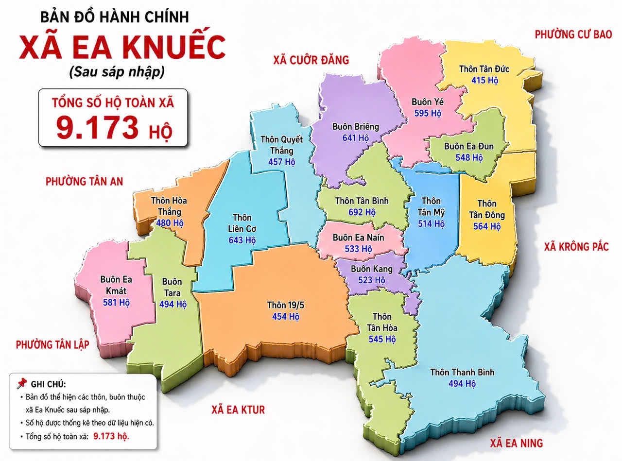 Bản đồ hành chính xã Ea Knuếc sau sắp xếp, tổ chức lại thôn, buôn