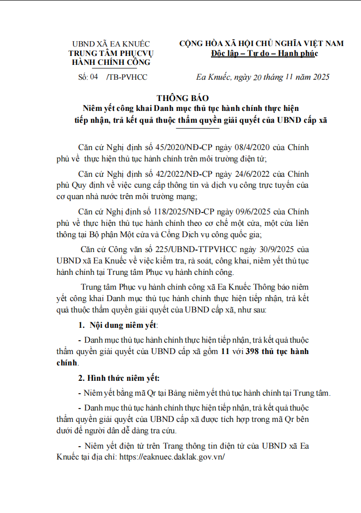 THÔNG BÁO Niêm yết công khai Danh mục thủ tục hành chính thực hiện tiếp nhận, trả kết quả thuộc thẩm quyền giải quyết của UBND cấp xã