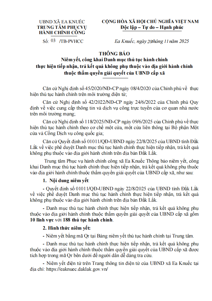 THÔNG BÁO Niêm yết, công khai Danh mục thủ tục hành chính thực hiện tiếp nhận, trả kết quả không phụ thuộc vào địa giới hành chính  thuộc thẩm quyền giải quyết của UBND cấp xã
